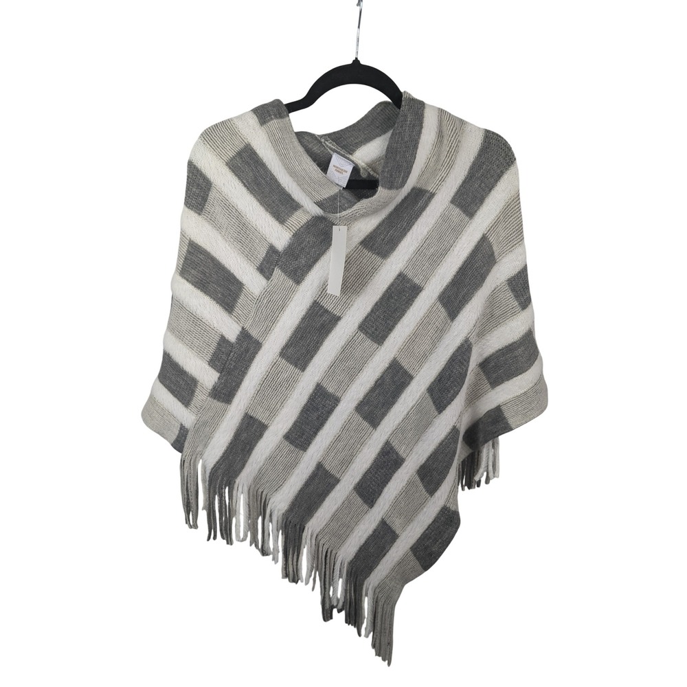 Northern Angel Womens Grey White Striped Fringe Knit Poncho Wrap S/M New